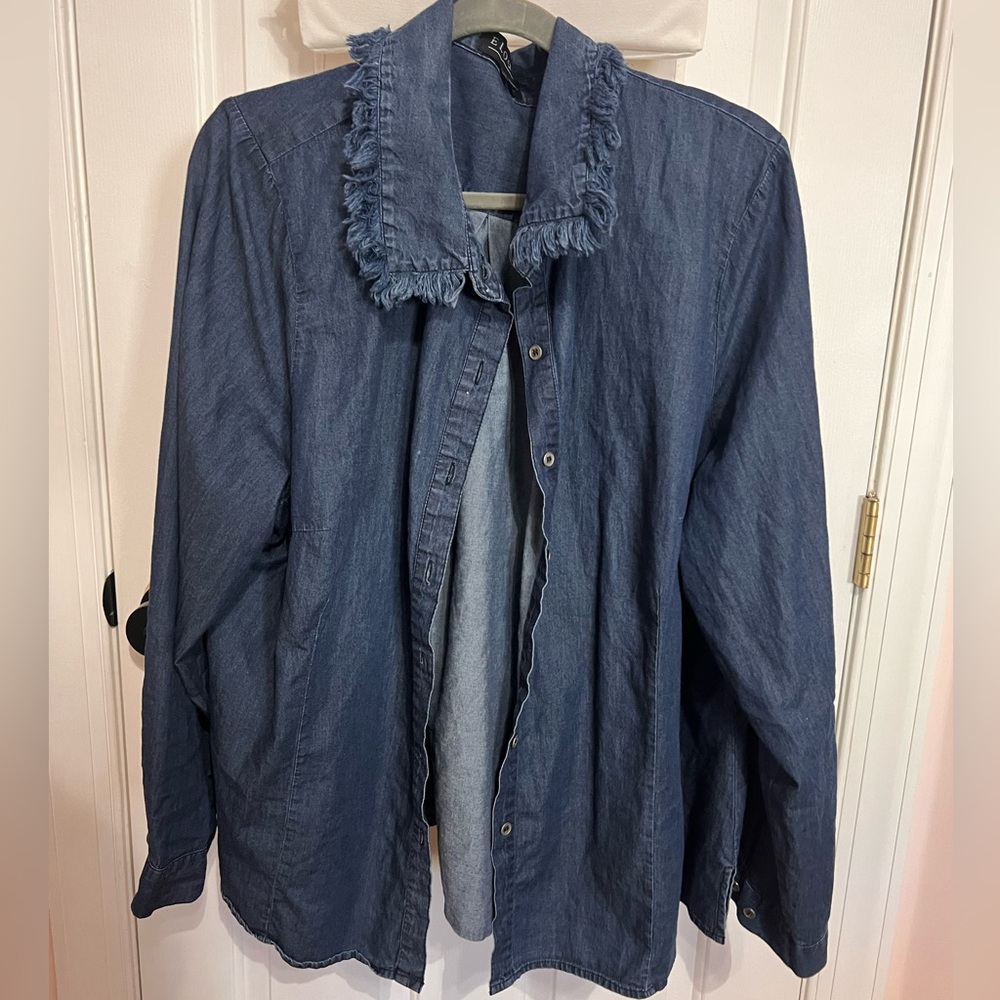 Eloquii Dark Blue Denim Shirt with Fringe Collar